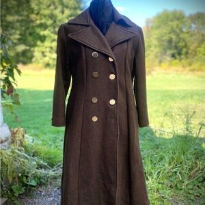 Heavy Vintage Brown wool Double-Breasted Coat with Gold Buttons